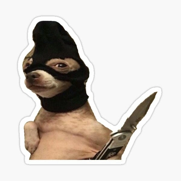 Hình meme chó cầm dao tạo tình huống hài hước