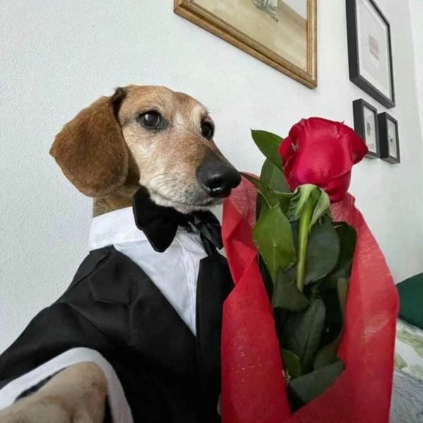 Meme chó tặng hoa với biểu cảm đáng yêu