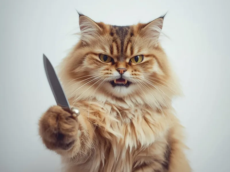 Biểu cảm ngầu của meme mèo đứng cầm dao cực hài hước