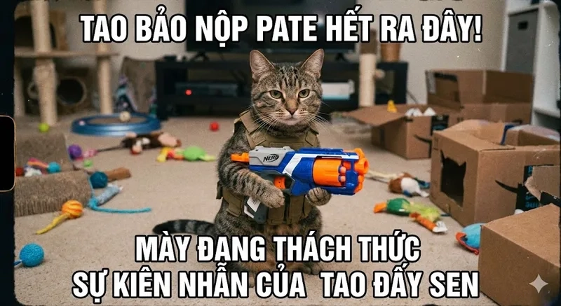 Biểu cảm hài hước của mèo cầm súng meme vui nhộn