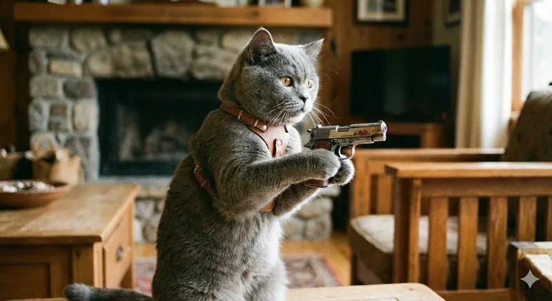 Không thể nhịn cười với ảnh meme con mèo cầm súng