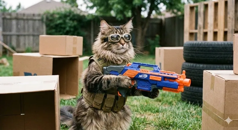 Biểu cảm hài hước của hình meme con mèo cầm súng