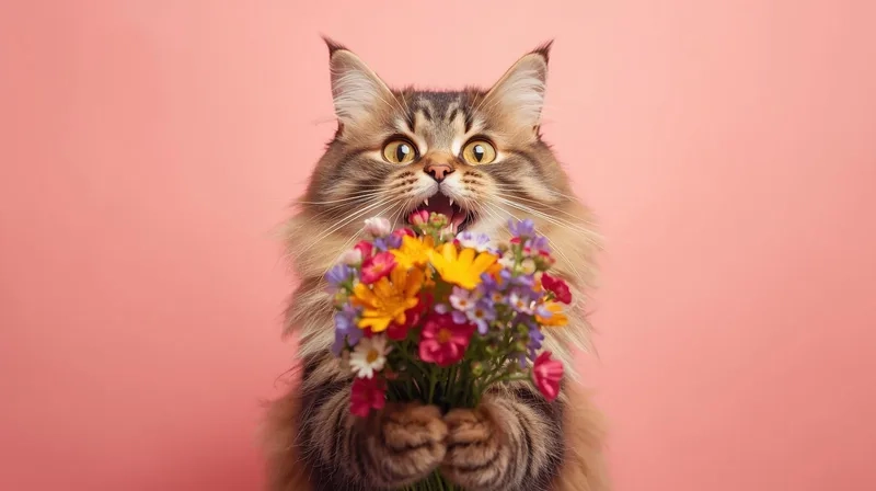 Giải trí vui nhộn với meme mèo cầm hoa